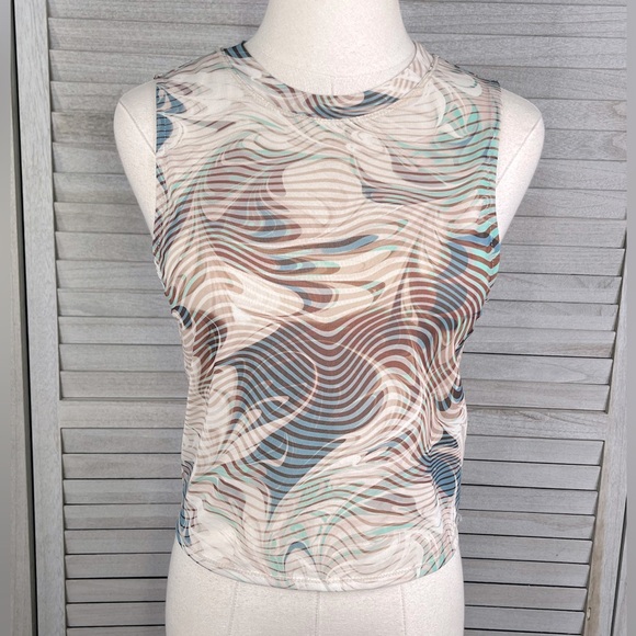 FOREVER 21 Sheer Printed Tank Top Beige/Blue-Large - Picture 1 of 2